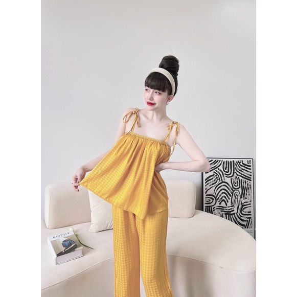 Set Bộ Gấm Xước Ánh Kim Áo Dây Thắt Tít Babydoll Quần Ống Rộng. Freesize 40-60kg ảnh thật