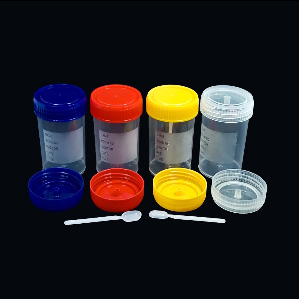Lọ nước tiểu tiệt trùng nhựa PP 60mL, có nhãn (SET 100/túi)