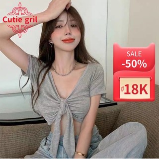 Áo Thun Ngắn Tay Hở Rốn Buộc Dây Trước Và Sau Lưng Phong Cách Mới Cho Nữ