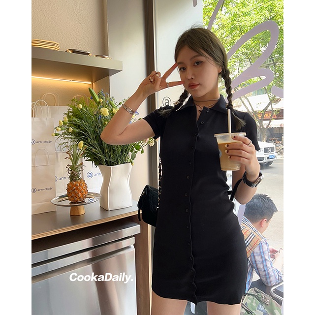 Đầm Dệt Kim Tay Ngắn Cổ Polo Thời Trang Mùa Hè Phong Cách Hàn Quốc Cho Nữ