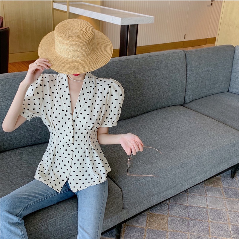 SUXI Áo Sơ Mi Tay Ngắn Họa Tiết Chấm Bi Phong Cách Vintage Hàn Quốc