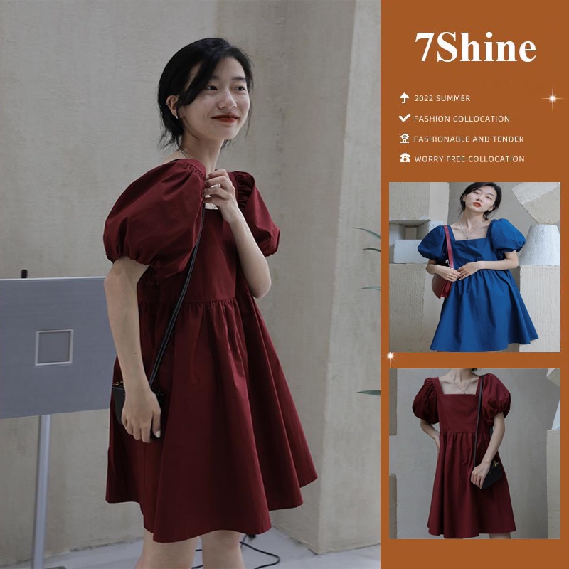 Đầm váy babydoll đỏ mận cổ vuông tay phồng tầng xếp li siêu xinh - 7shine