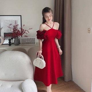 Đầm trễ vai tay phòng midi dễ thương Bigsize Kim Ngân Từ 50kg đến 100kg M/L/XL/XXL đầm dự tiệc đầm tết SP011323