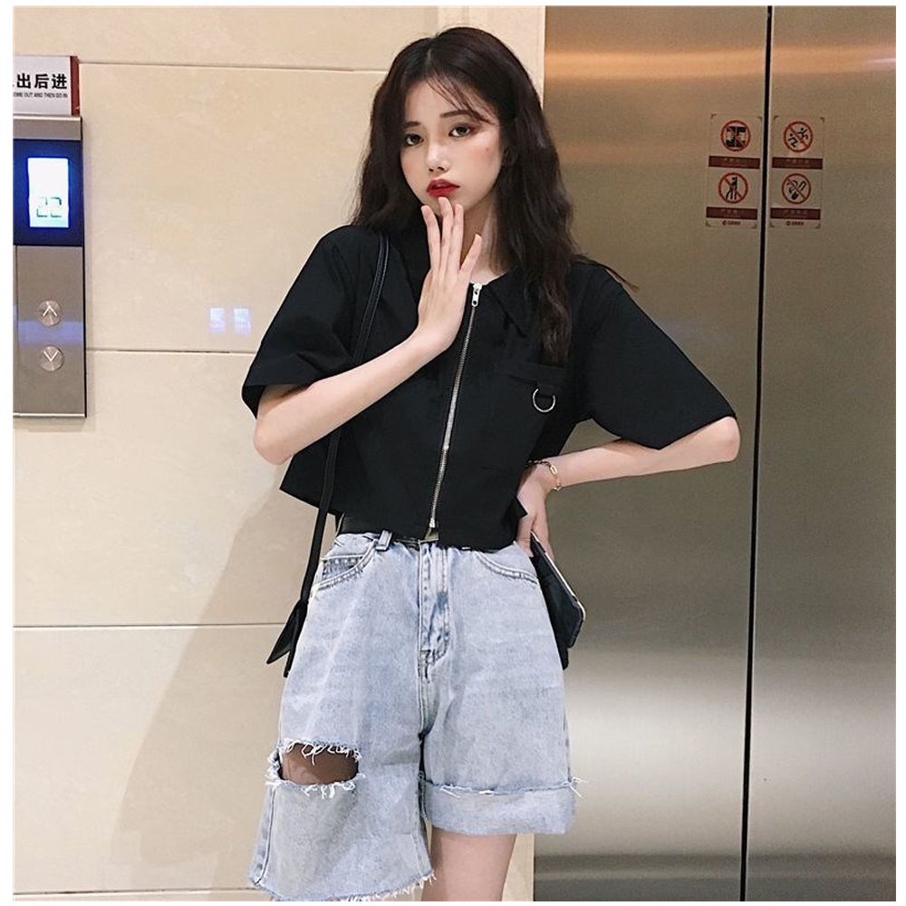 Áo sơ mi COZOK ngắn tay có khóa kéo thời trang mùa hè cho nữ