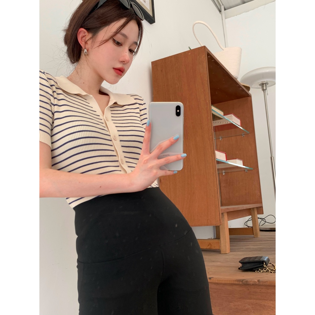 Áo polo Dệt Kim Dáng Ôm Ngắn Họa Tiết Kẻ Sọc Thời Trang Mùa Hè