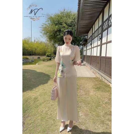 Bộ áo dài đi chùa chất liệu tơ óng mềm kết hợp quần lụa tằm ướt với tay bồng thiết kế độc đáo Nét Việt