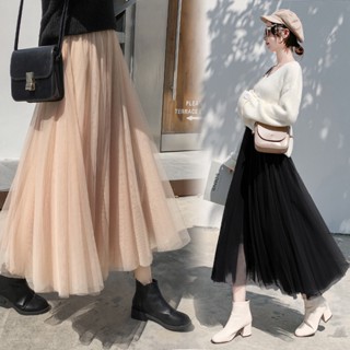 Váy lưới nữ, váy xếp ly dài vừa phải, váy lưới đen, eo cao và váy cổ yếm