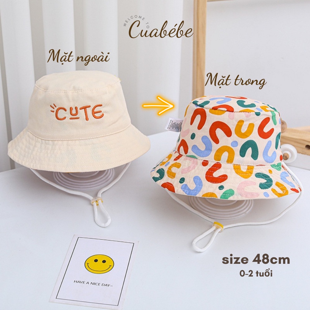 Mũ Tai Bèo Vải Cotton Hai Mặt Chống Nắng, Mũ Bucket thêu chữ Cute 2 mặt Thời Trang Hàn Quốc Cho Bé Trai Bé Gái 1- 3 tuổi