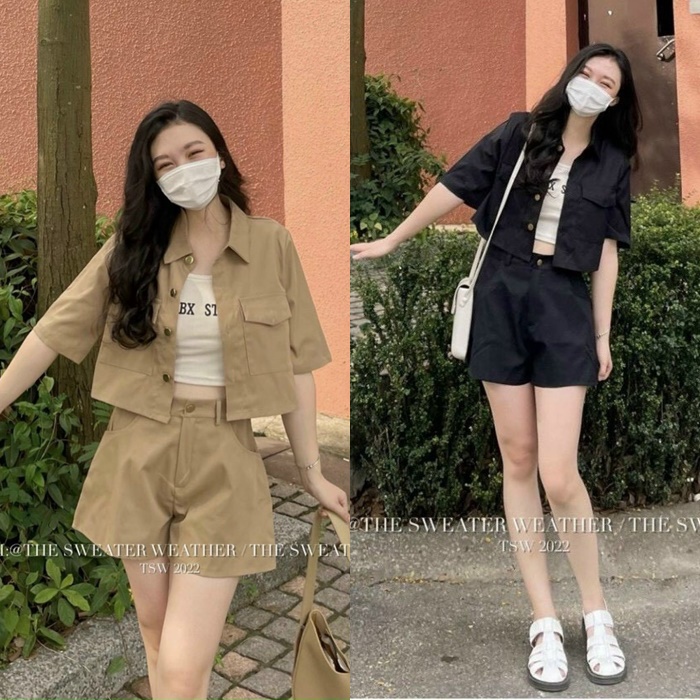 SET ÁO KHOÁC LỬNG TRƠN RỘNG CỔ SƠ MI + QUẦN SHORTS NGẮN SUÔNG ỐNG RỘNG LƯNG CAO + ÁO CROPTOP THUN BA LỖ CƠ BẢN DẠO PHỐ D