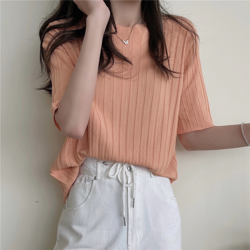 NUZIRO Áo thun  tay ngắn cổ tròn phong cách Hàn Quốc