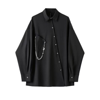 Đen xiên Placket Dây chuyền bất đối xứng Áo sơ mi dài tay phồng đẹp trai Áo sơ mi nam nhẹ nhàng sang trọng