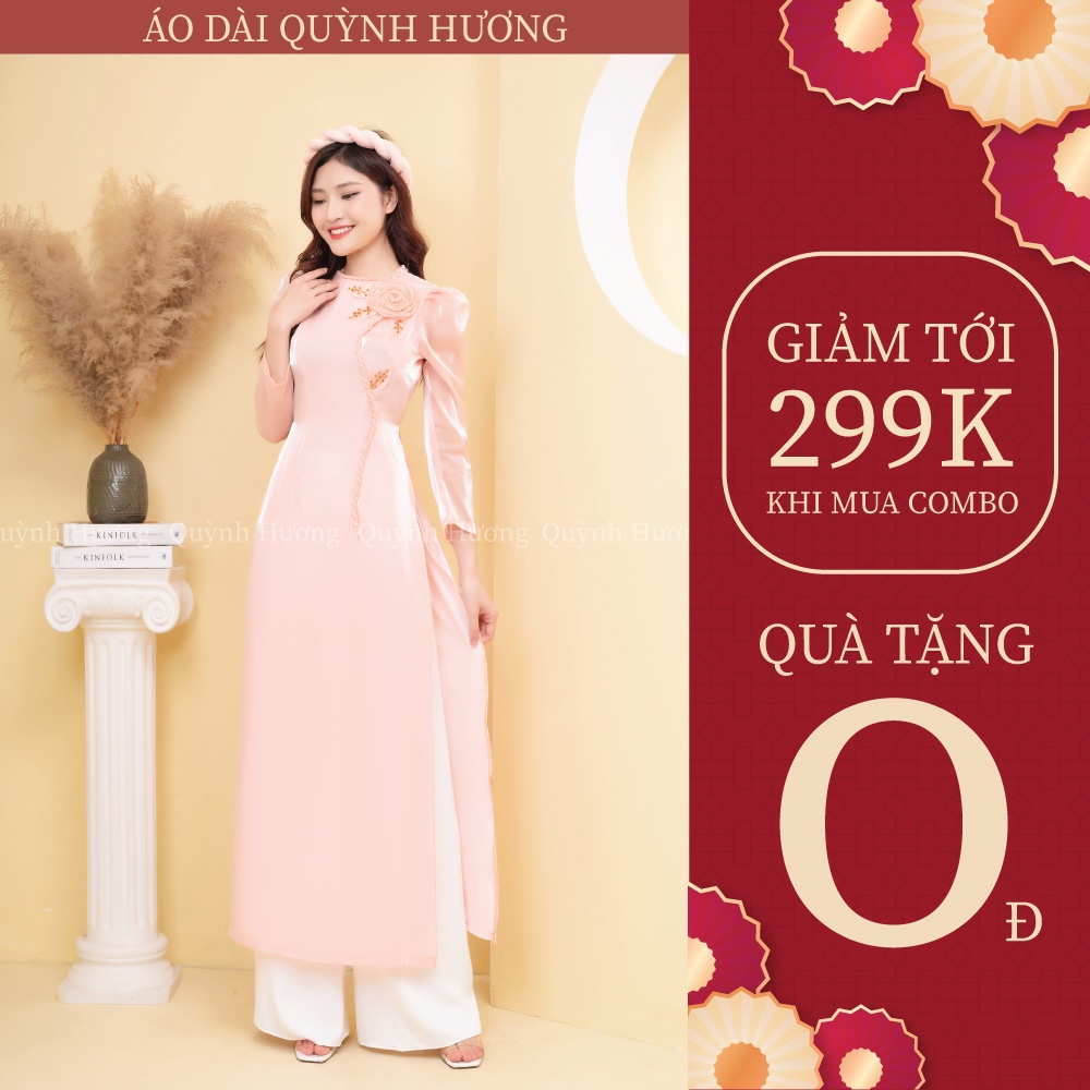 Áo dài voan tơ hồng cổ tết đính hoa ngực điệu đà by Quỳnh Hương