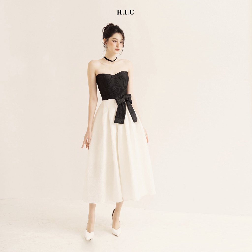 Váy nữ cup ngực nhún bồng thắt nơ midi 2 lớp Habok Dress H.I.U Fashion , đầm tiệc thiết kế sang trọng con gái HIU design