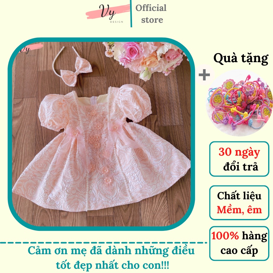 Đầm Đầy Tháng Bé Gái VYDESSIGN. Váy Bé Gái Thiết Kế 2 Nơ Hồng Kèm Bờm Nơ, Váy Công Chúa Cho Bé Bồng Tự Nhiên