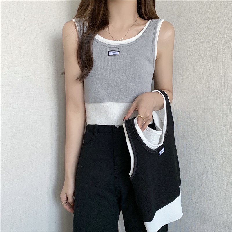 Áo Len Không Tay Giả Hai Lớp Màu Sắc Tương Phản Thời Trang Mùa Hè Phong Cách Hàn Quốc