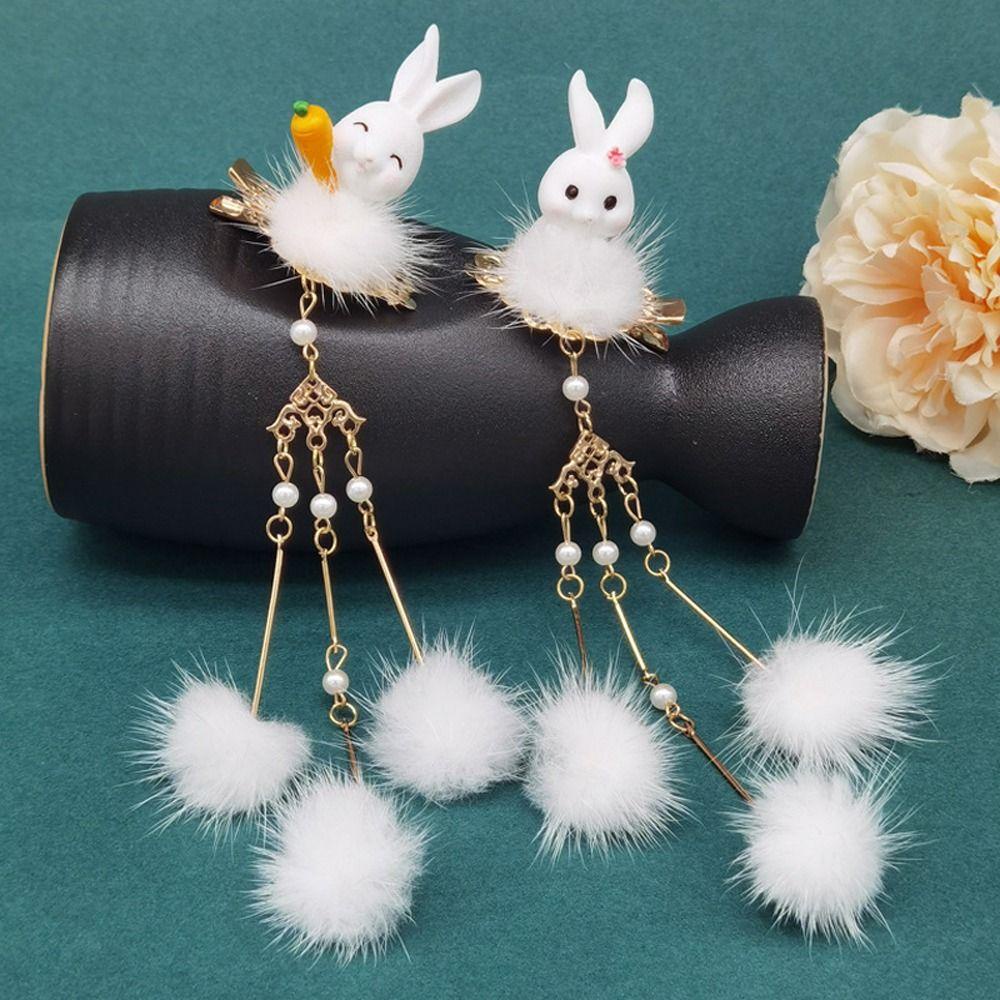 Kẹp Tóc Hình Thỏ Phối Bóng Lông Tua Rua Thời Trang Hàn Quốc Cho Nữ