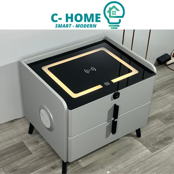 Kệ Tủ đầu giường hiện đại có khóa vân tay thông minh tích hợp Loa Blutooth cổng USB, sạc cảm ứng không dây đèn Led đ