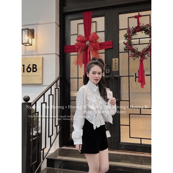 [ 𝐅𝐑𝐄𝐄 𝐒𝐇𝐈𝐏 ] Sét sơmi bèo xinh yêu  Áo chất thô lụa mềm đẹp, viền bèo dọc thân áo rất tiểu thư  Mix quần sooc