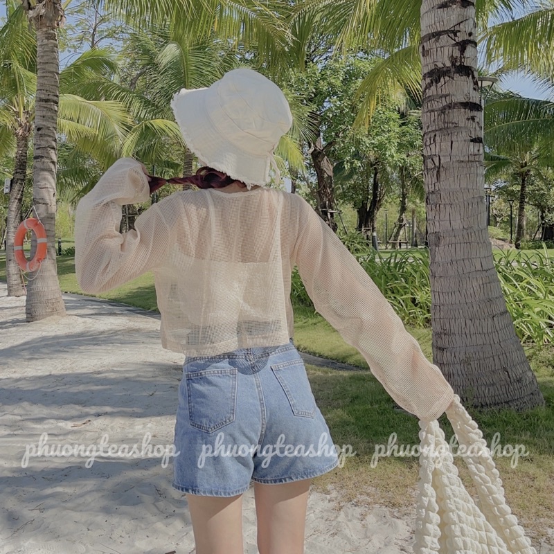 Áo croptop lưới dài tay thắc nơ mix áo 2s đồ đi biển hàng QC siêu xinh Thời Trang B.Y Tea Clothing