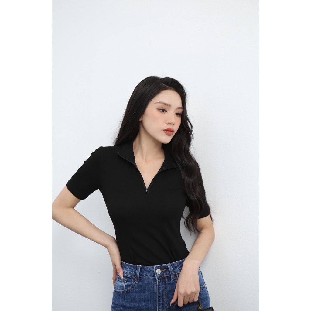 Áo thun tay ngắn nữ kiểu polo dáng ôm chất cotton zip co giãn phối khóa kéo sexy, CT JEANS