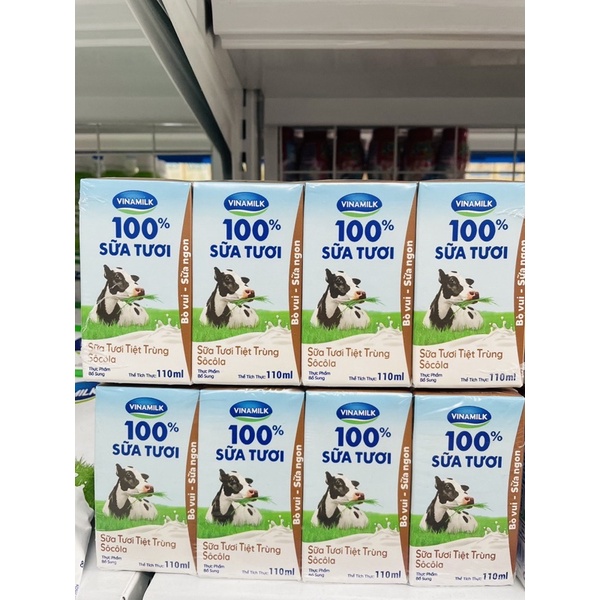 Sữa tươi Tiệt Trùng Vinamilk 100% Ít đường, Socola, Dâu, Có đường 110ml - Lốc 4 hộp