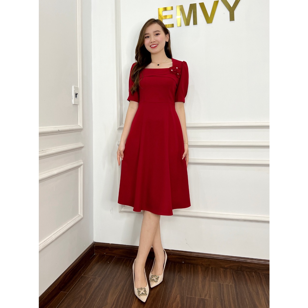 Đầm công sở cổ vuông sang trọng, dam dự tiệc dáng xòe, chất liệu mango dày mịn ,sang trọng Emvy fashion K8