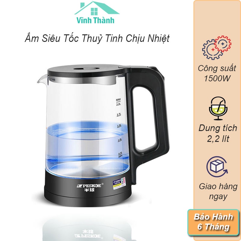 Ấm Siêu Tốc - Ấm Đun Nước Thuỷ TinhTự Động Ngắt An Toàn Công Suất Lớn 1500W Dung Tích 2,2L - Sôi Nhanh Tiết Kiệm Điện