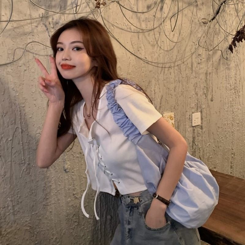 Áo thun COZOKC tay ngắn cổ vuông phối dây phong cách cho nữ