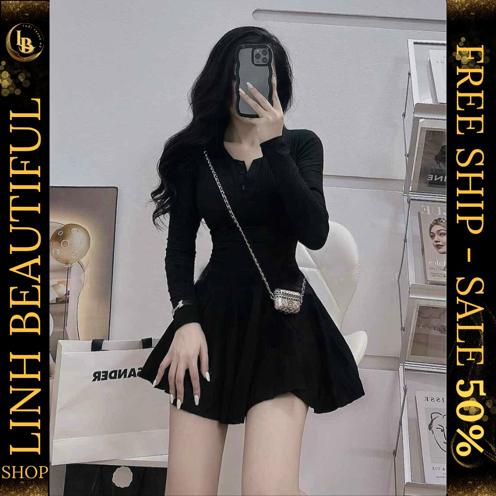 💕𝐅𝐄𝐑𝐑𝐒𝐇𝐈𝐏💕Váy Len Tăm Bo Zip Dáng Xoè Dài Tay Xinh Như Hotgirl - Dầm Nữ Màu Đen nhẹ nhàng , sang chảnh , Linh Beautiful