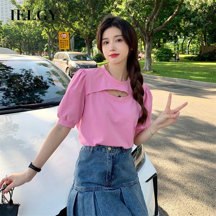 IELGY  Áo Thun Ngắn Tay Hở Xương Quai Xanh Đơn Giản Thời Trang Cho Nữ