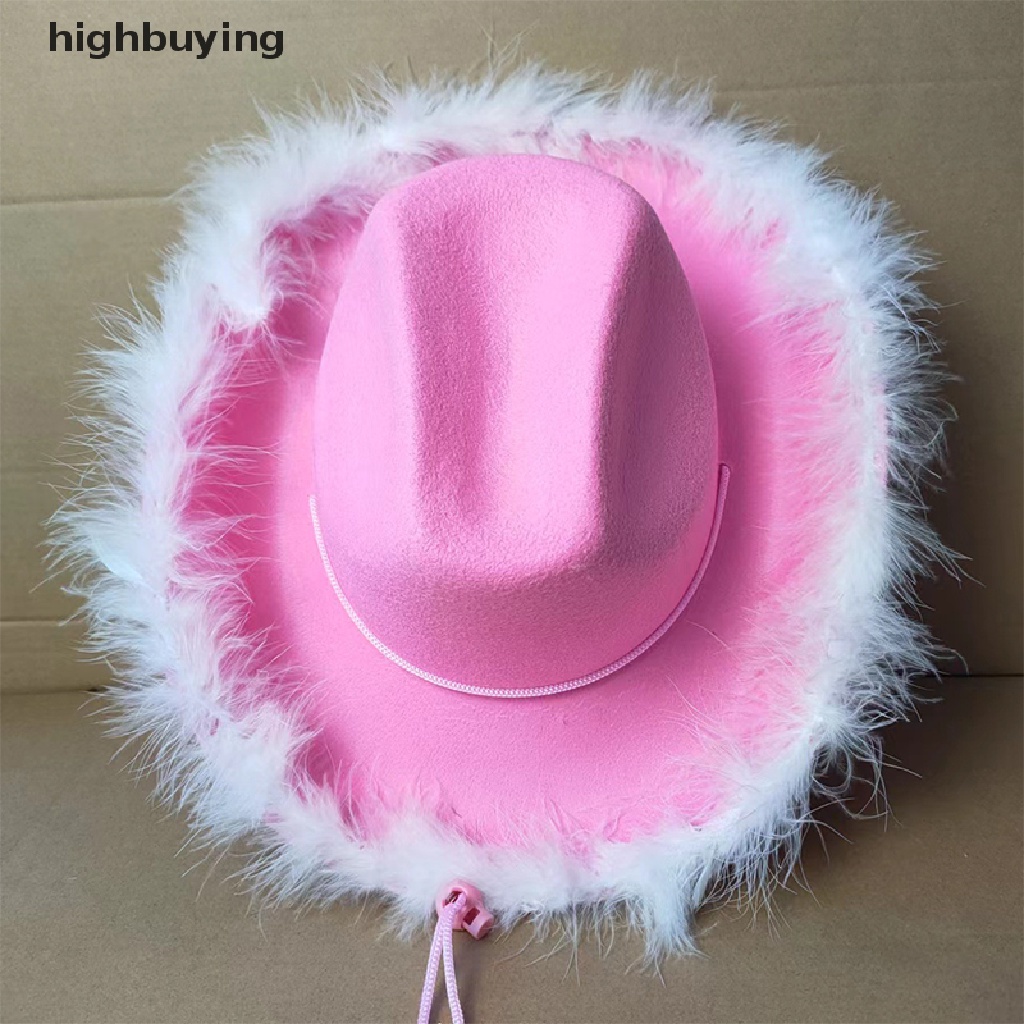 1 Mũ Cao Bồi Vành Rộng Đính Lông Vũ Trang Trí