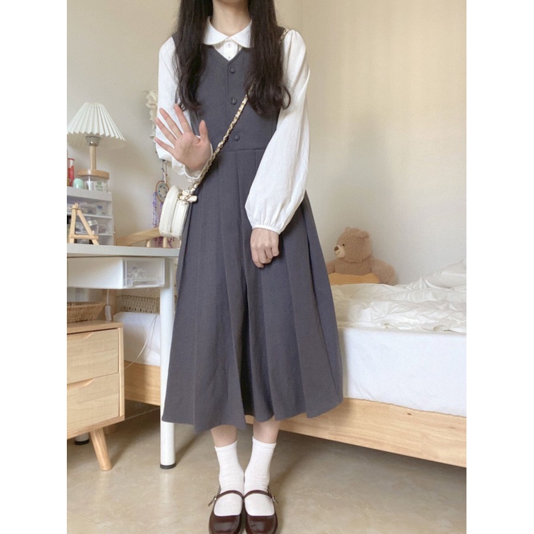 Set Áo Sơ Mi Cổ Búp Bê + Đầm Hai Dây Phong Cách Retro Pháp Hàng Mới 2023