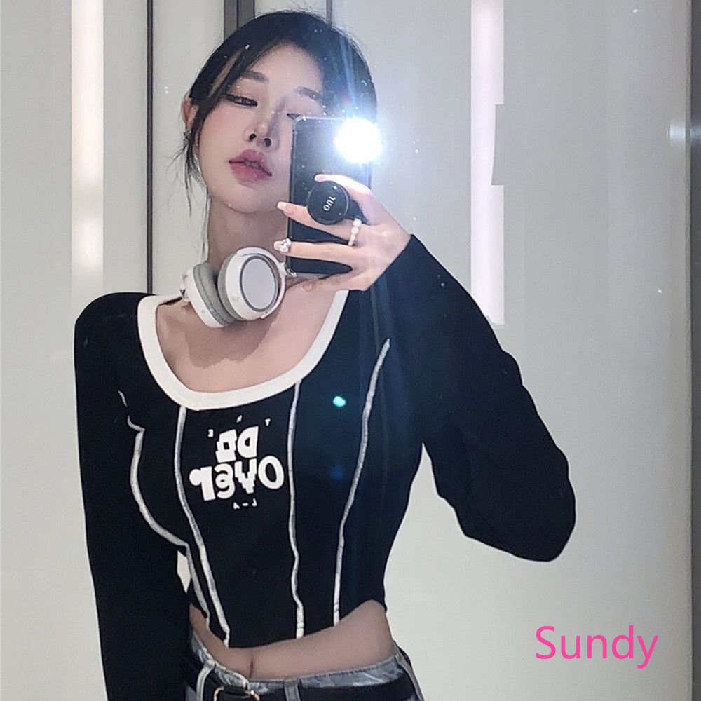 Áo Croptop Tay Dài Cổ Tròn In Chữ Phong Cách Phương Tây Thời Trang Mùa Xuân Cho Nữ
