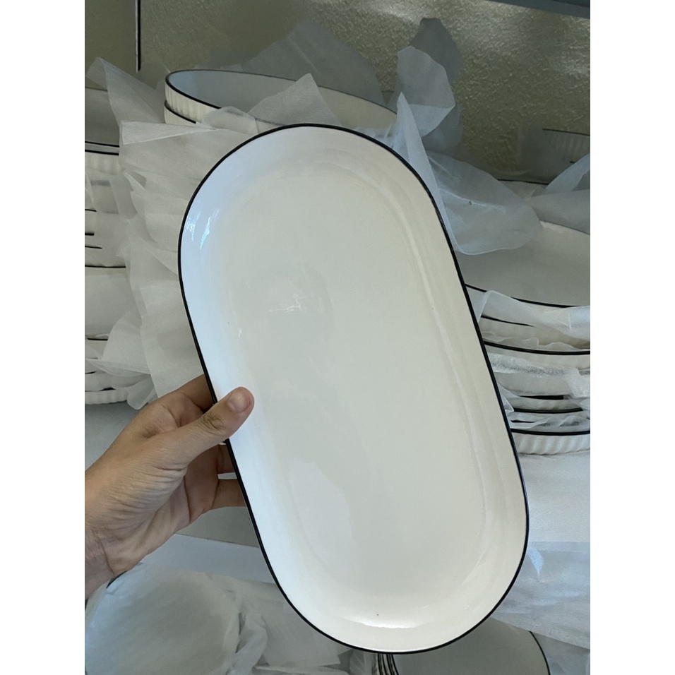 Bán lẻ bát ăn cơm, đĩa, tô màu trắng viền đen phong cách châu Âu cao cấp sang trọng