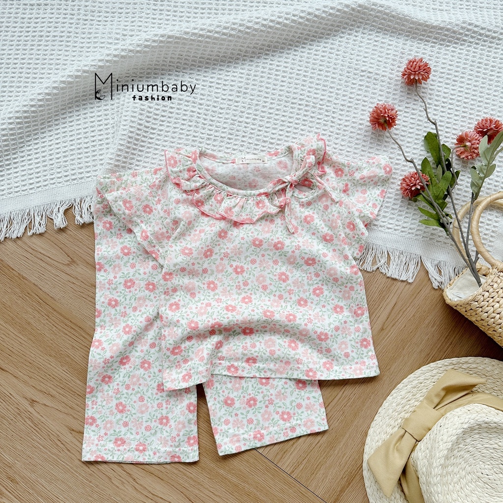 Đồ bộ cộc tay quần lỡ phối cổ bèo cho bé trai/gái Minium, set quần áo hè trẻ em, miniumbabyfashion SB1340