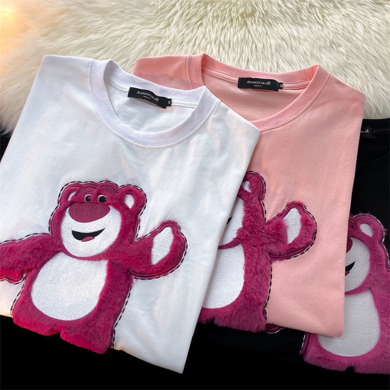 Áo Thun Cotton Tay Ngắn Dáng Rộng Thêu Hình Gấu Và Dâu Tây Dễ Thương Thời Trang Mùa Hè Cho Nữ