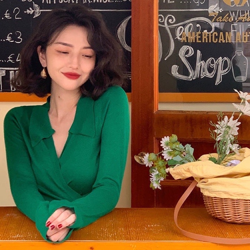 Áo croptop style retro Pháp chất thun tăm