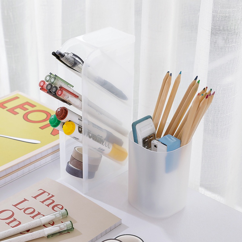 Storage Case Box Pen Plastic Holder School Clear Desktop Multi-function Pencil Organizer Grey 4 Grid