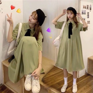 (Order) bigsize S-4XL Đầm sơ mi cổ đức phối nơ ullzang