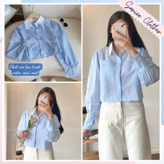 Áo sơ mi croptop nữ kẻ xanh pha cổ trắng áo sơ mi crt dài tay ulzzang hàng quảng châu cao cấp SanieeClothes