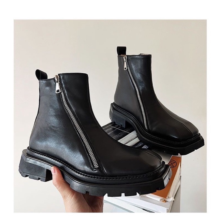 Giày boots da nam nữ mũi vuông cổ lửng phối khoá 2 bên hông FOOTMADE