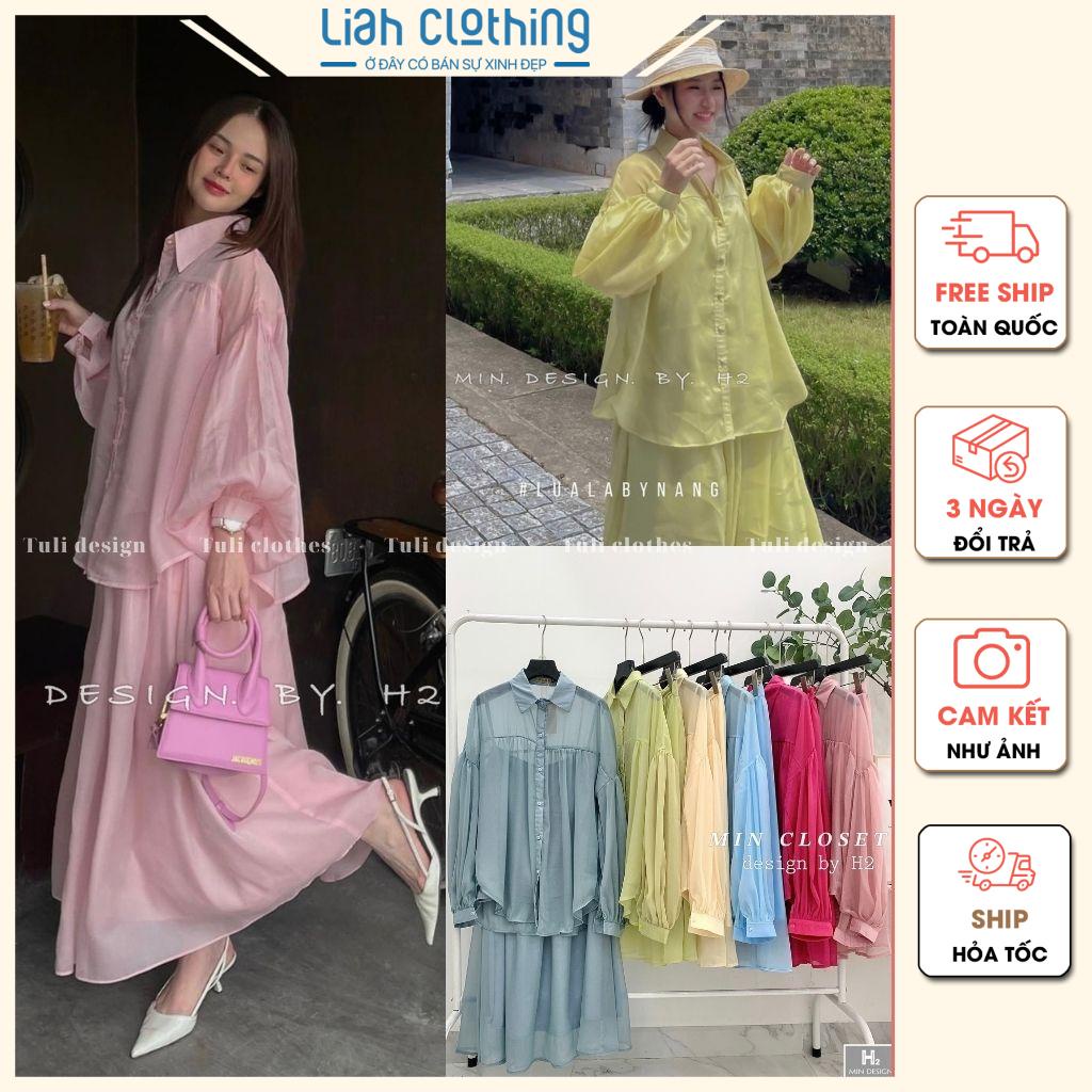 S2-141 | Set tơ óng 3 món áo sơ mi, áo 2 dây, chân váy trơn basic dáng xuông xòe dài | Tuli clothes - shop quần áo nữ