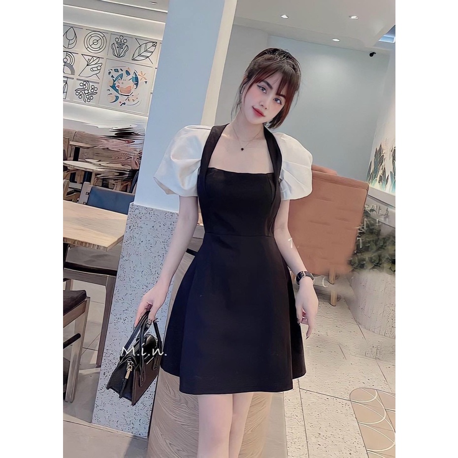Váy Đen Dự Tiệc Tay Phồng Sang Chảnh, Đầm Cổ Vuông Tay Phối Chất Tapta Siêu Xịn Mang Đi Chơi Đi Tiệc Hết Nước Chấm