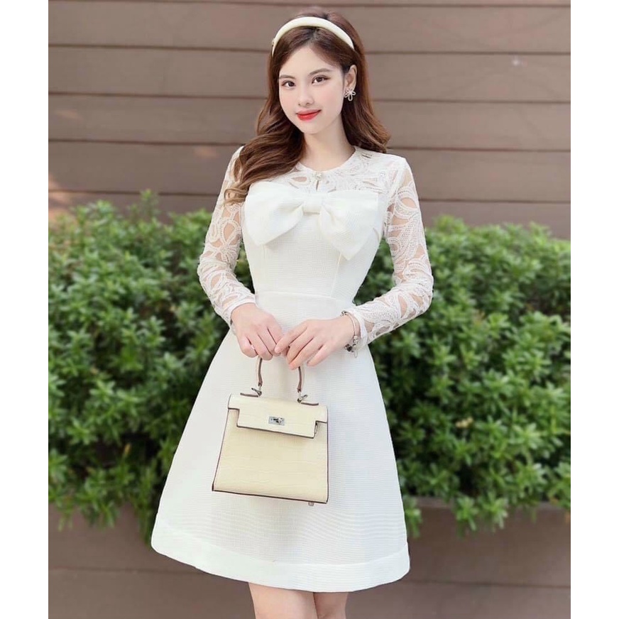Đầm Tapta Phối Ren Họa Tiết Đính Nơ , Đầm Tay Dài Màu Trắng Tao Nhã , Dáng Mini Xòe , Thời Trang Đi Chơi , Dự Tiệc