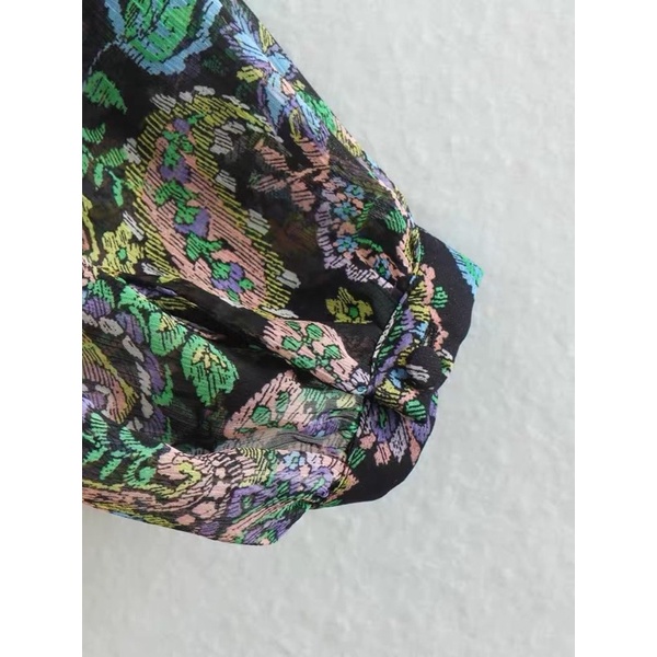 Made in Morocco - áo sơ mi Zara voan hoa lụa xanh trầm AH1SMVG40N10