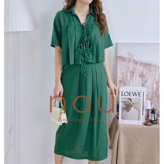 Set linen áo phối dây cột chân váy midi