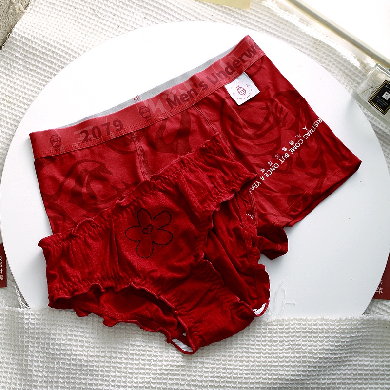 Quần Lót Boxer Cotton Màu Đỏ Rượu Vang In Hình Thỏ Dễ Thương Cho Cặp Đôi