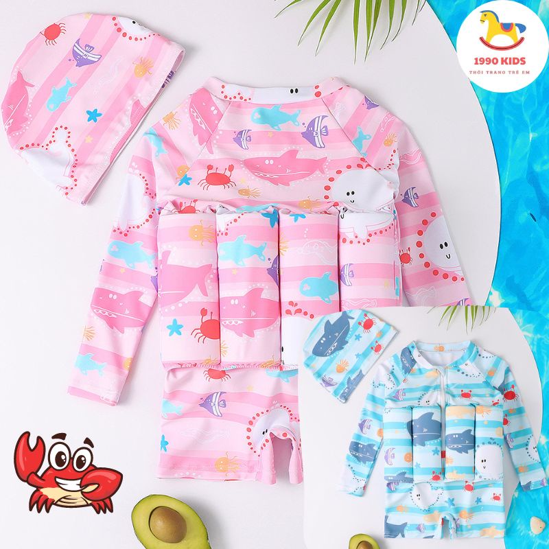 Đồ bơi kèm phao, bikini liền thân dài tay trợ nổi in hình dễ thương cho bé trai bé gái từ 9 đến 21kg 1990 KIDS mới nhất