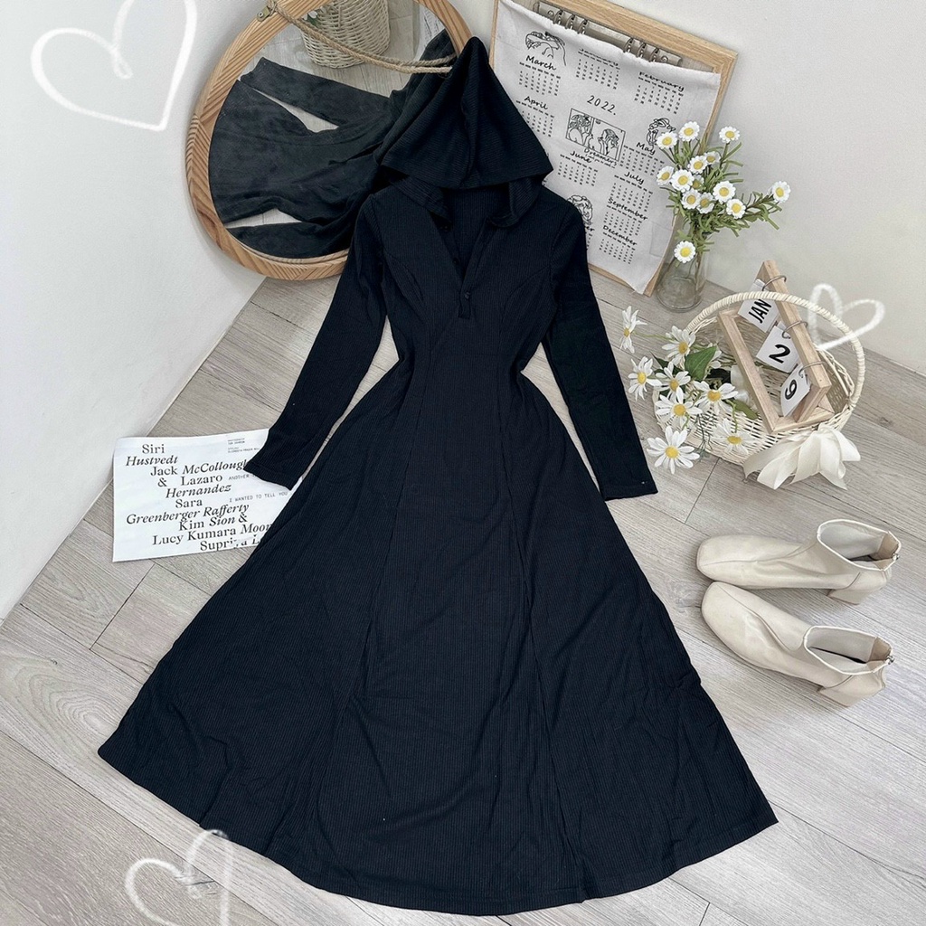 ĐẦM MIDI TD ĐEN THUN GÂN TĂM CÓ NÓN BIGSIZE