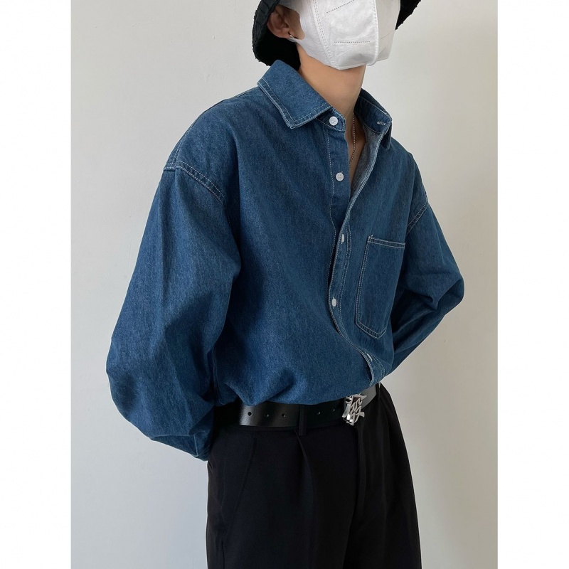 Áo Sơ Mi Denim Tay Dài Dáng Rộng Phong Cách Retro Đường Phố Hàn Quốc Nhật Bản Cao Cấp Dành Cho Nam